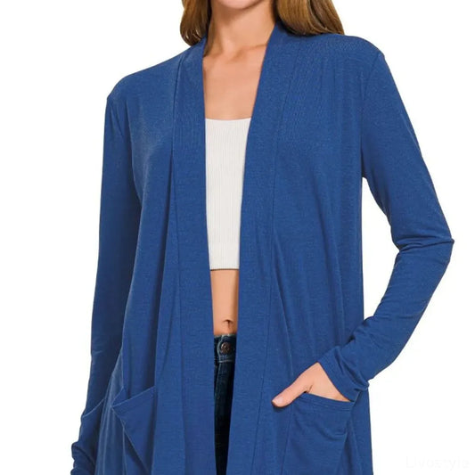 Slouchy Lightweight Open-Front Cardigan with Pockets — square view — Livostyle