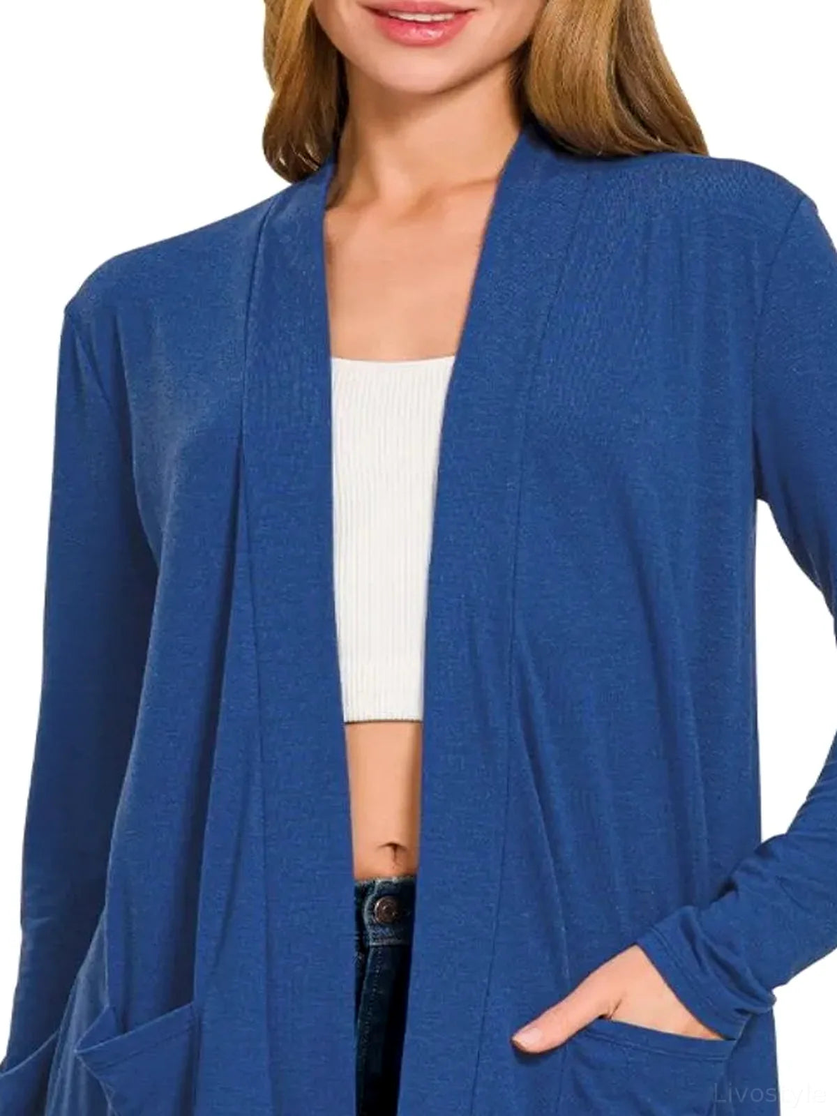 Slouchy Lightweight Open-Front Cardigan with Pockets — detail view — Livostyle