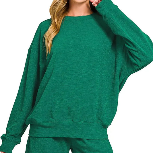 Slub Long Sleeve Top and Shorts Set in Hunter Green — square view — Livostyle