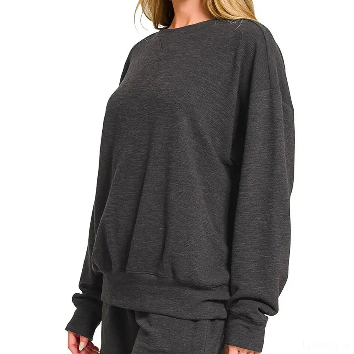 Slub Long Sleeve Top and Shorts Set in Black — square view — Livostyle