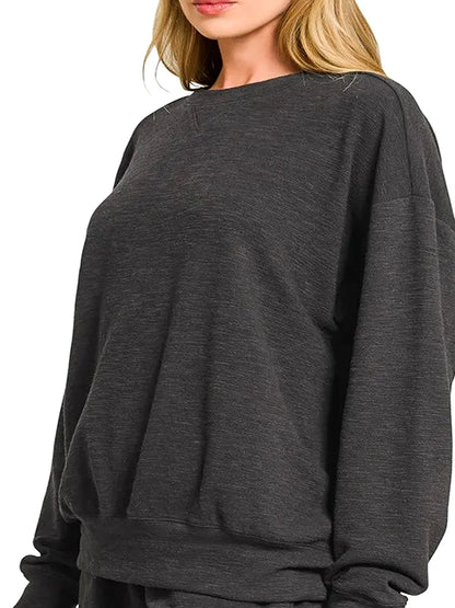 Slub Long Sleeve Top and Shorts Set in Black — detail view — Livostyle
