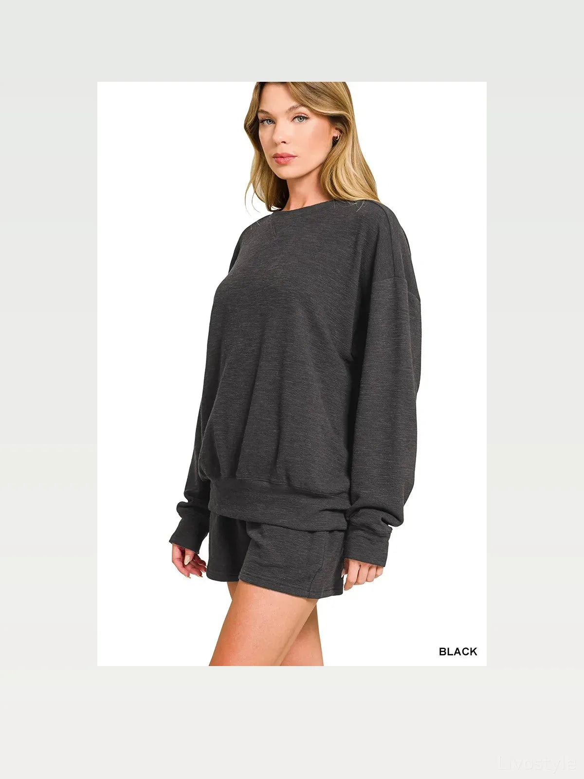 Slub Long Sleeve Top and Shorts Set in Black — styled showcase — Livostyle