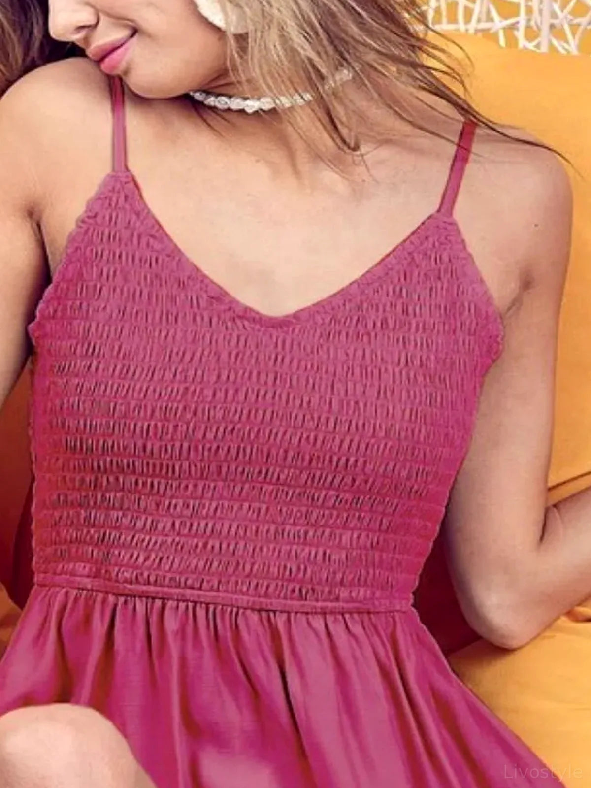 Versatile Chic Smocked Top with Adjustable Straps — detail view — Livostyle