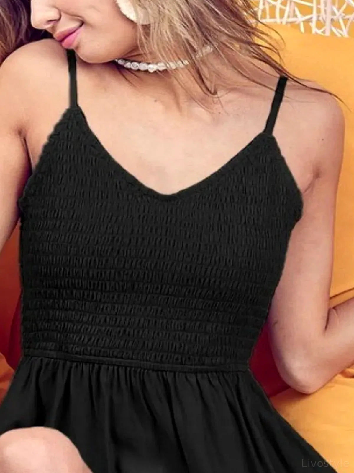 Chic Adjustable Strap Smocked Top — detail view — Livostyle