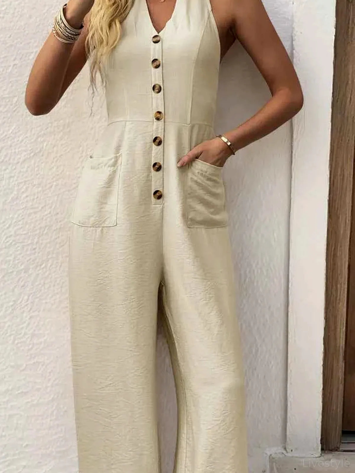 Smocked Halter Neck Jumpsuit — detail view — Livostyle