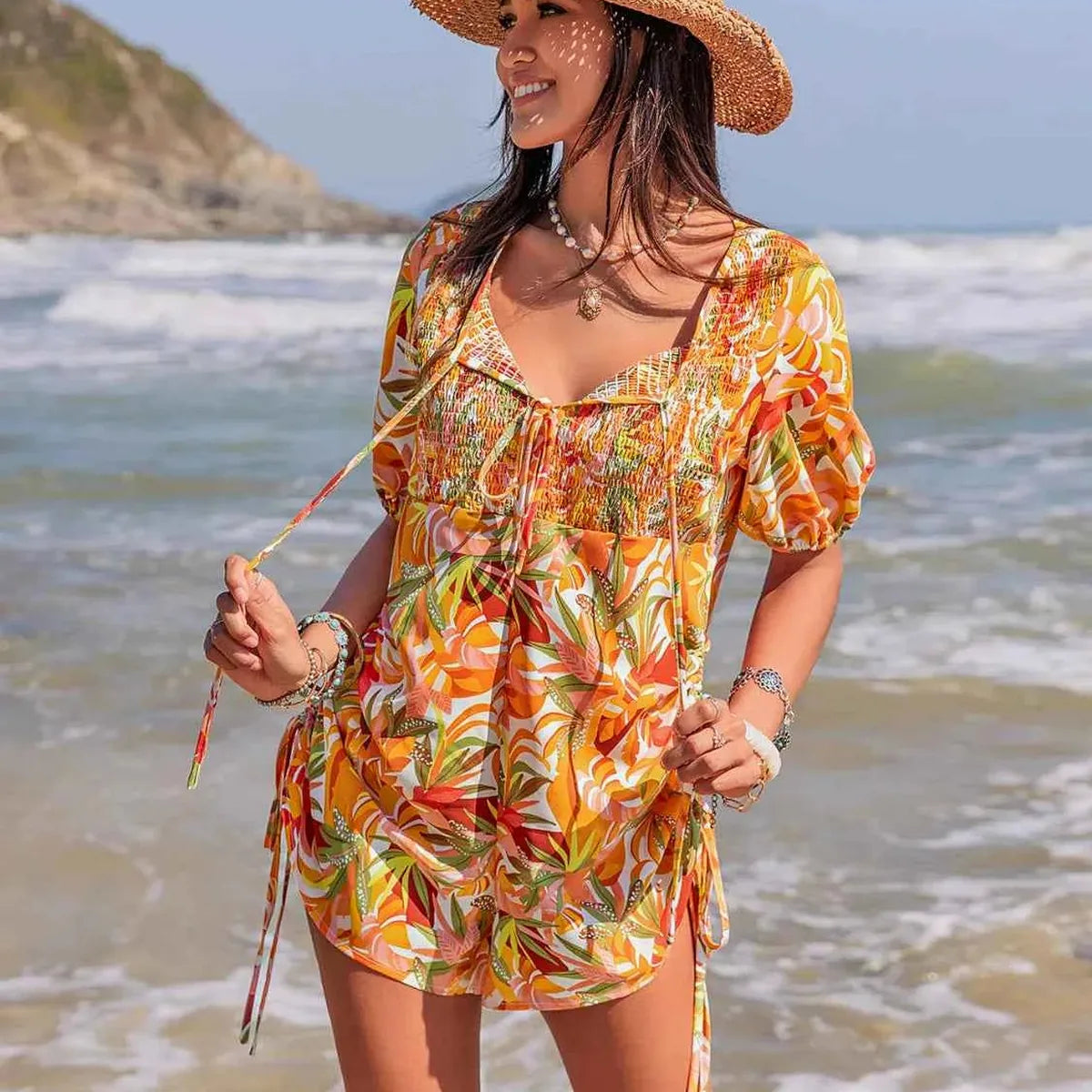 Smocked Printed Tie Neck Romper — square view — Livostyle