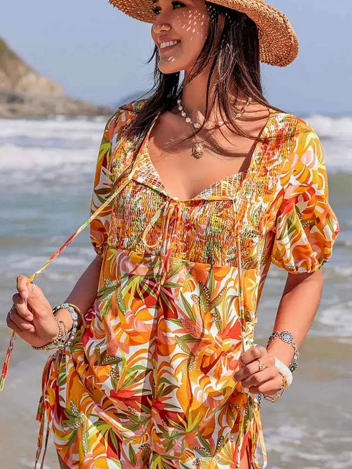 Smocked Printed Tie Neck Romper — detail view — Livostyle