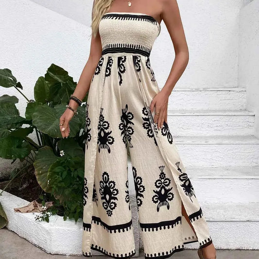 Smocked Printed Wide Leg Jumpsuit with Slit Detail