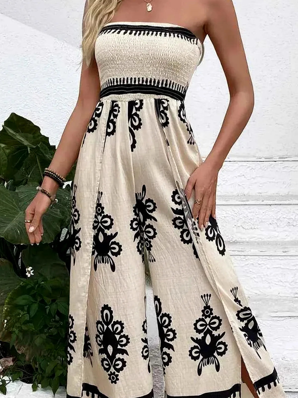 Smocked Printed Wide Leg Jumpsuit – fabric and detail close-up