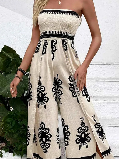 Smocked Printed Wide Leg Jumpsuit – fabric and detail close-up