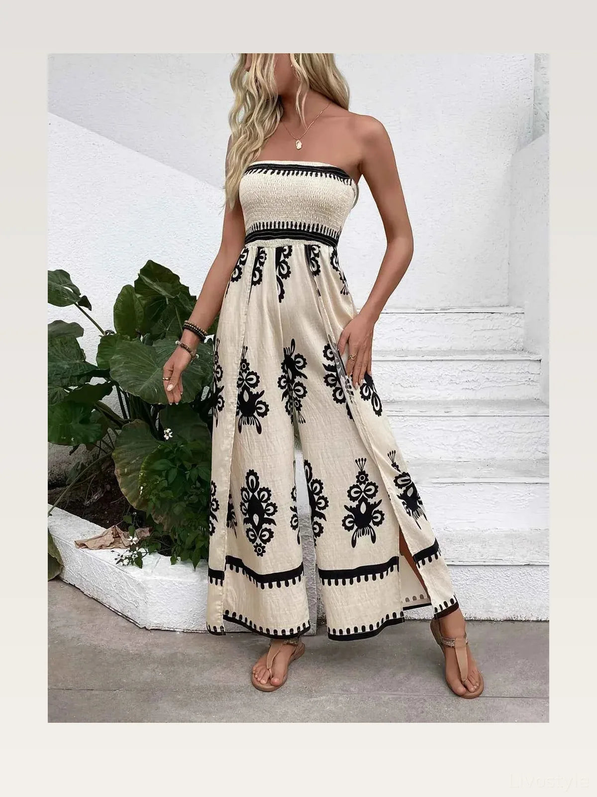 Smocked Printed Wide Leg Jumpsuit – styled outfit view