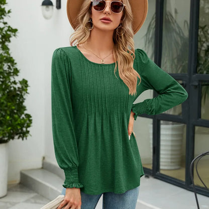 Smocked Round Neck Lantern Sleeve Blouse — square view — Livostyle