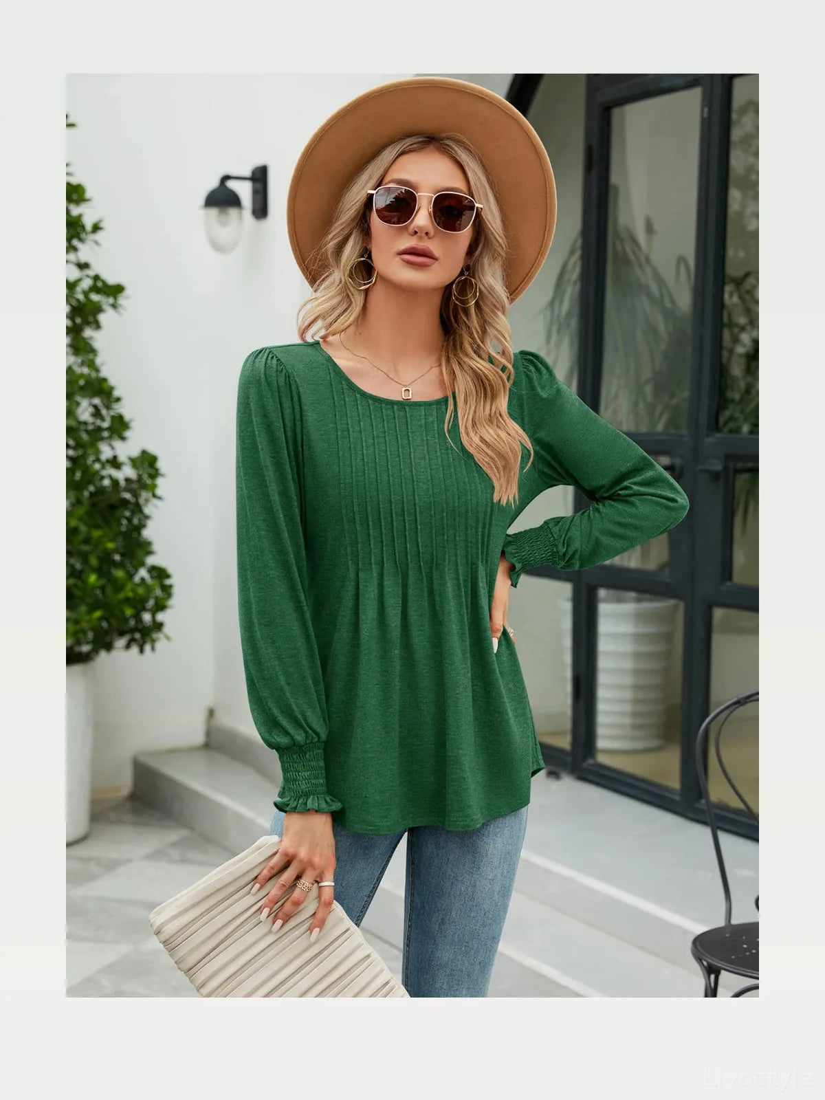 Smocked Round Neck Lantern Sleeve Blouse — styled showcase — Livostyle