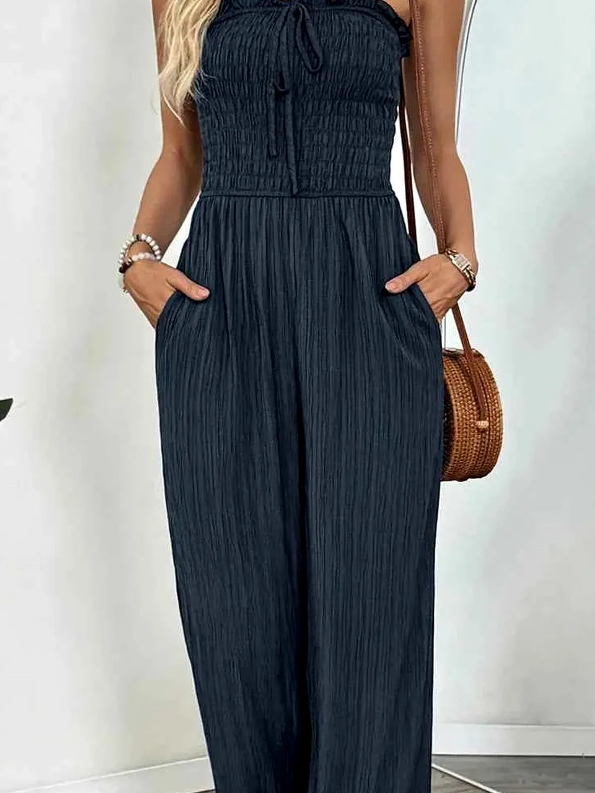 Smocked Tube Wide Leg Jumpsuit — detail view — Livostyle