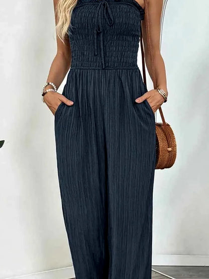 Smocked Tube Wide Leg Jumpsuit — detail view — Livostyle