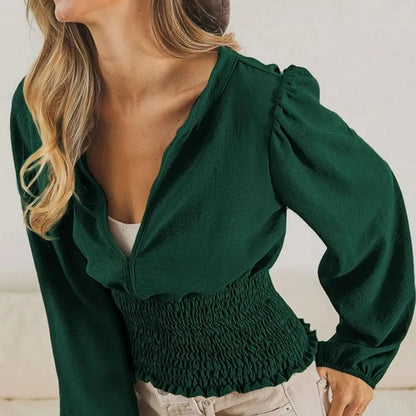 Chic Deep V-Neck Top with Smocked Waist & Puff Sleeves — square view — Livostyle