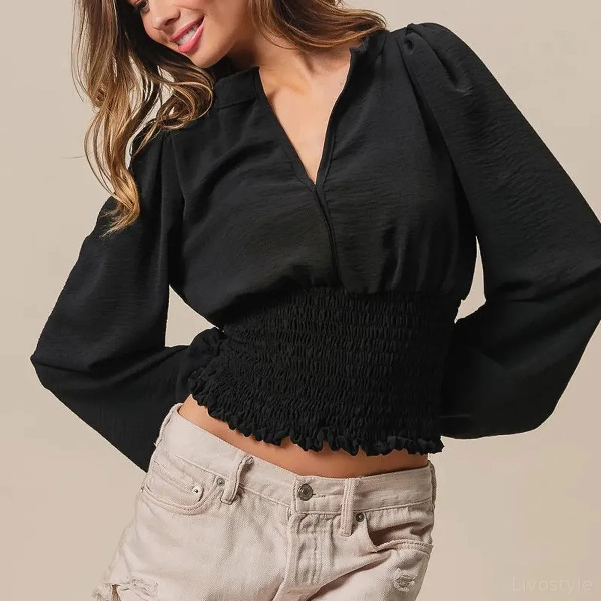 Chic Deep V-Neck Top with Smocked Waist & Puff Sleeves — square view — Livostyle