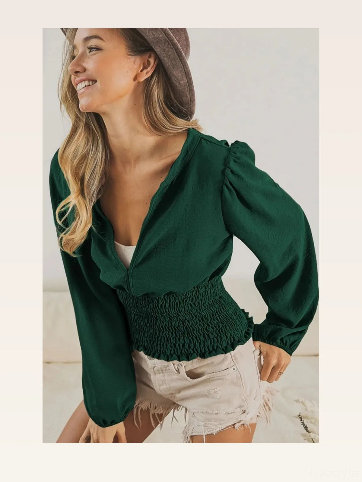 Chic Deep V-Neck Top with Smocked Waist & Puff Sleeves — styled showcase — Livostyle