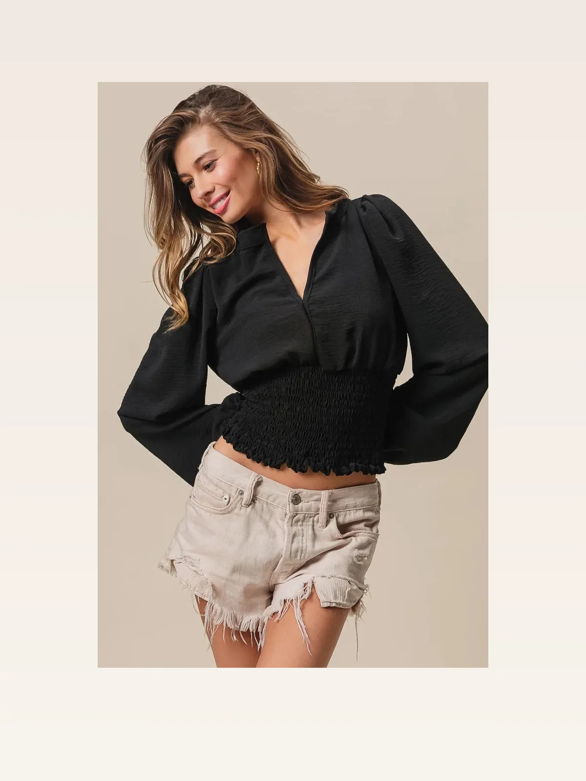 Chic Deep V-Neck Top with Smocked Waist & Puff Sleeves — styled showcase — Livostyle