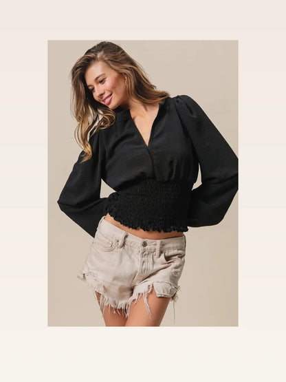 Chic Deep V-Neck Top with Smocked Waist & Puff Sleeves — styled showcase — Livostyle