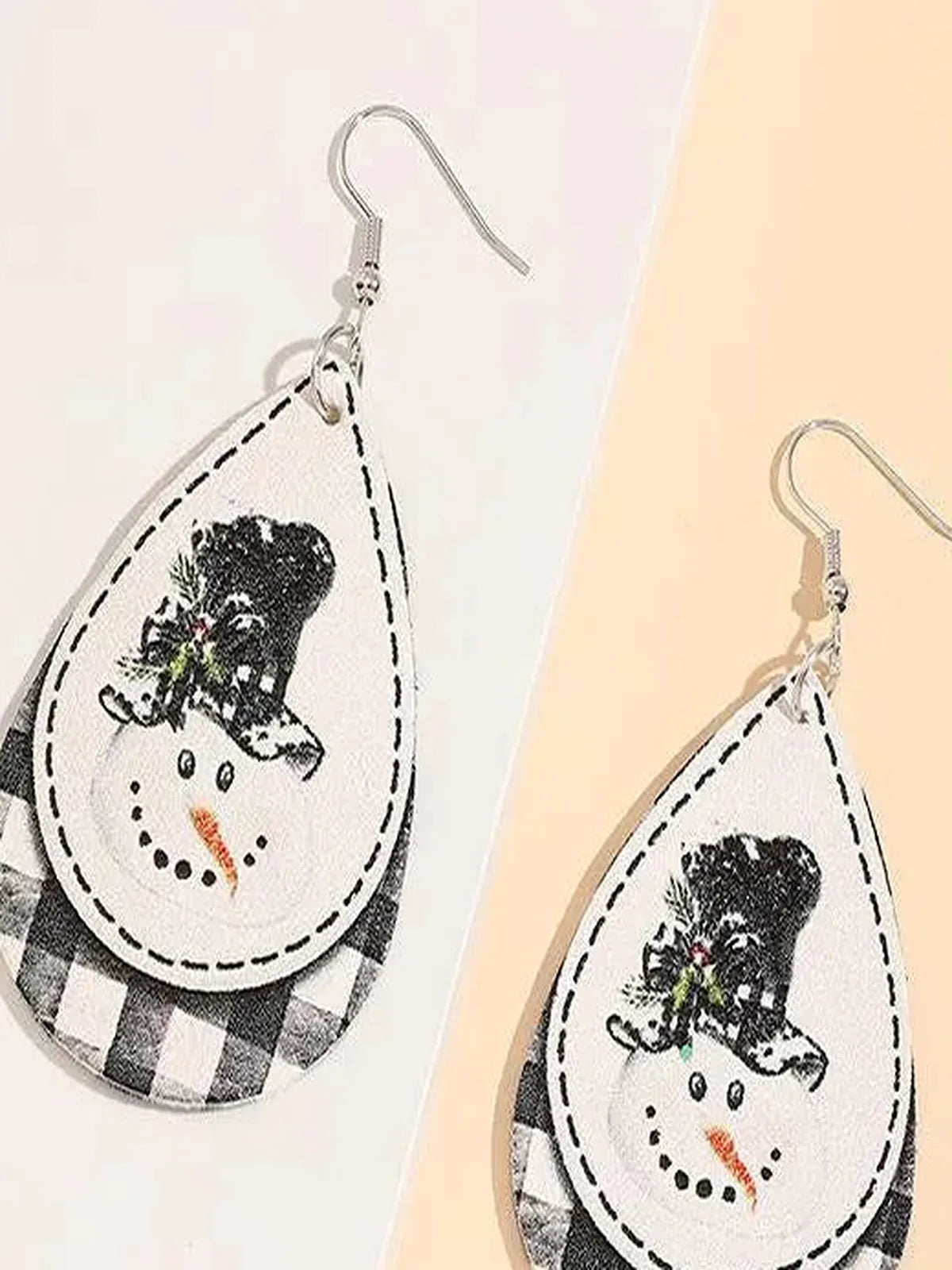 Snowman PU Leather Dangle Earrings — detail view — Livostyle