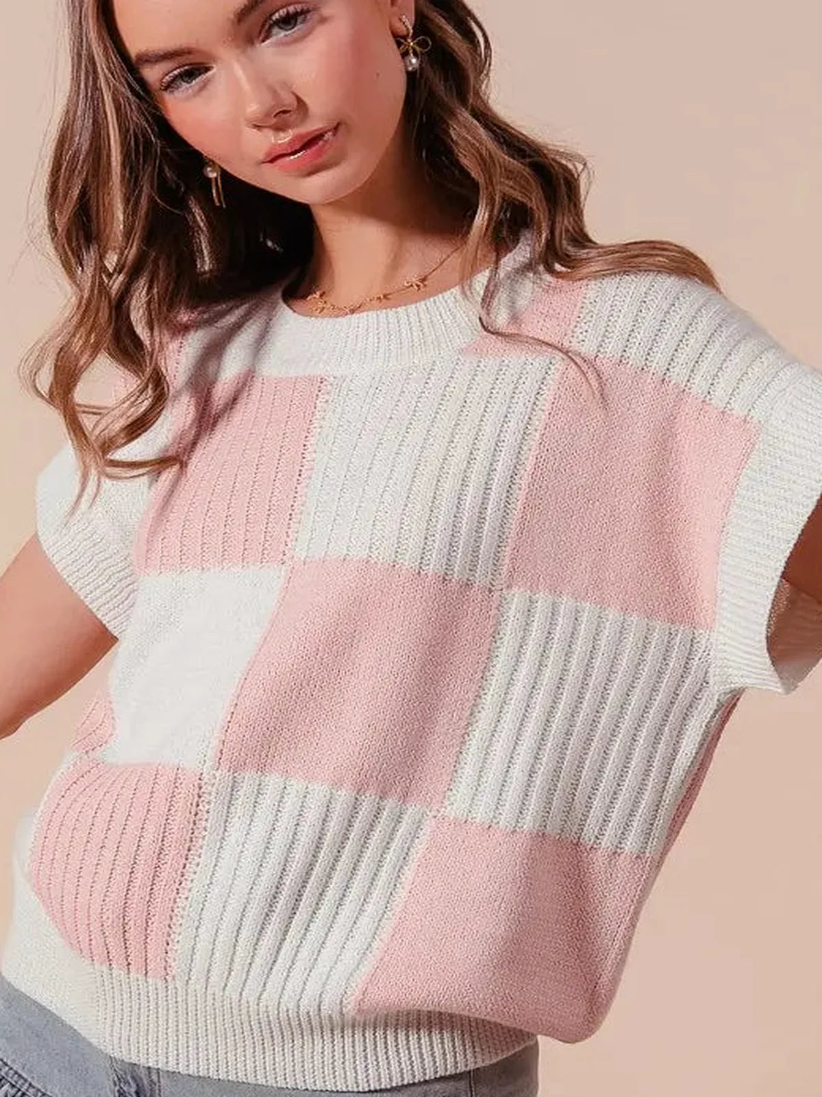 Check Plaid Oversized Sweater with Ribbed Cuffs and Hem – photo 3