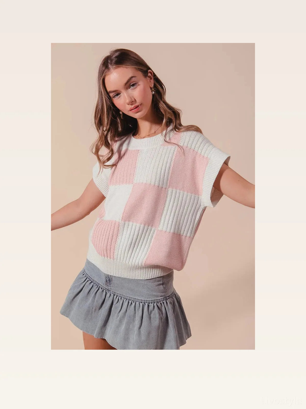 Check Plaid Oversized Sweater with Ribbed Cuffs and Hem – photo 2