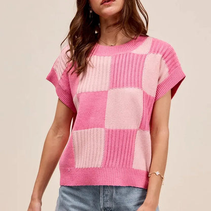 Blush Pink Check Plaid Casual Sweater Top — square view — Livostyle