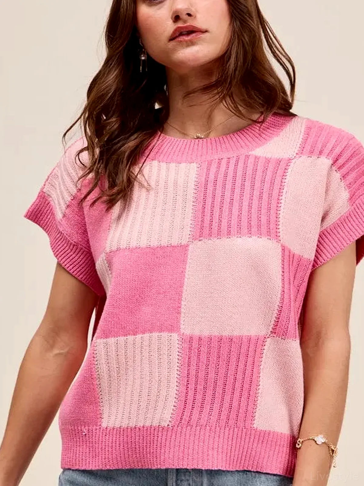 Blush Pink Check Plaid Casual Sweater Top — detail view — Livostyle