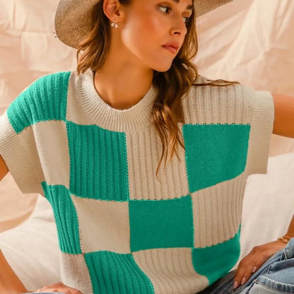 Jade Ivory Check Plaid Casual Sweater Top — square view — Livostyle