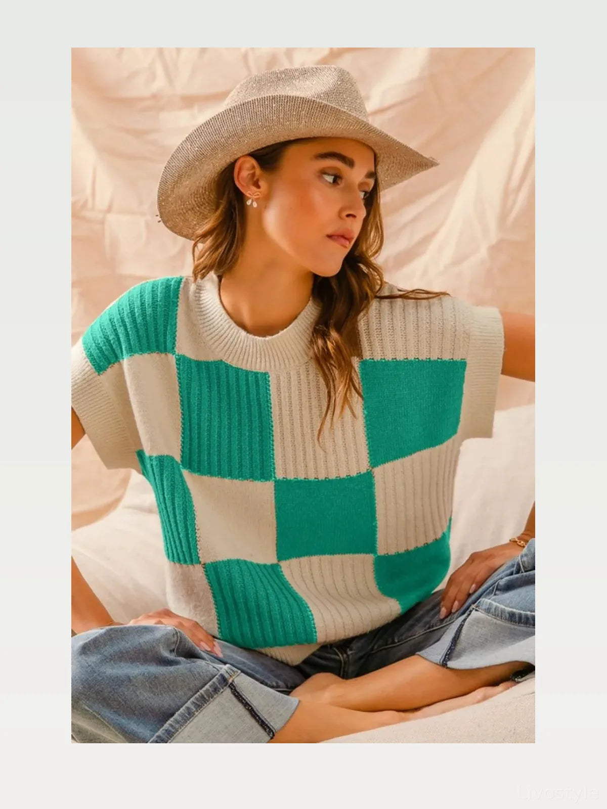 Jade Ivory Check Plaid Casual Sweater Top — styled showcase — Livostyle