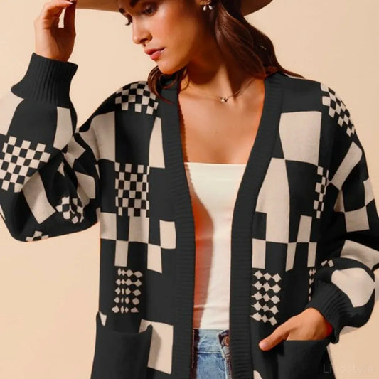 Checkered Open Front Cardigan with Pockets — square view — Livostyle
