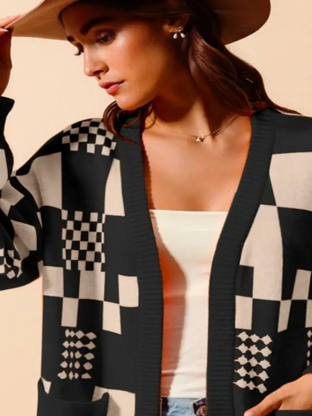 Checkered Open Front Cardigan with Pockets — detail view — Livostyle