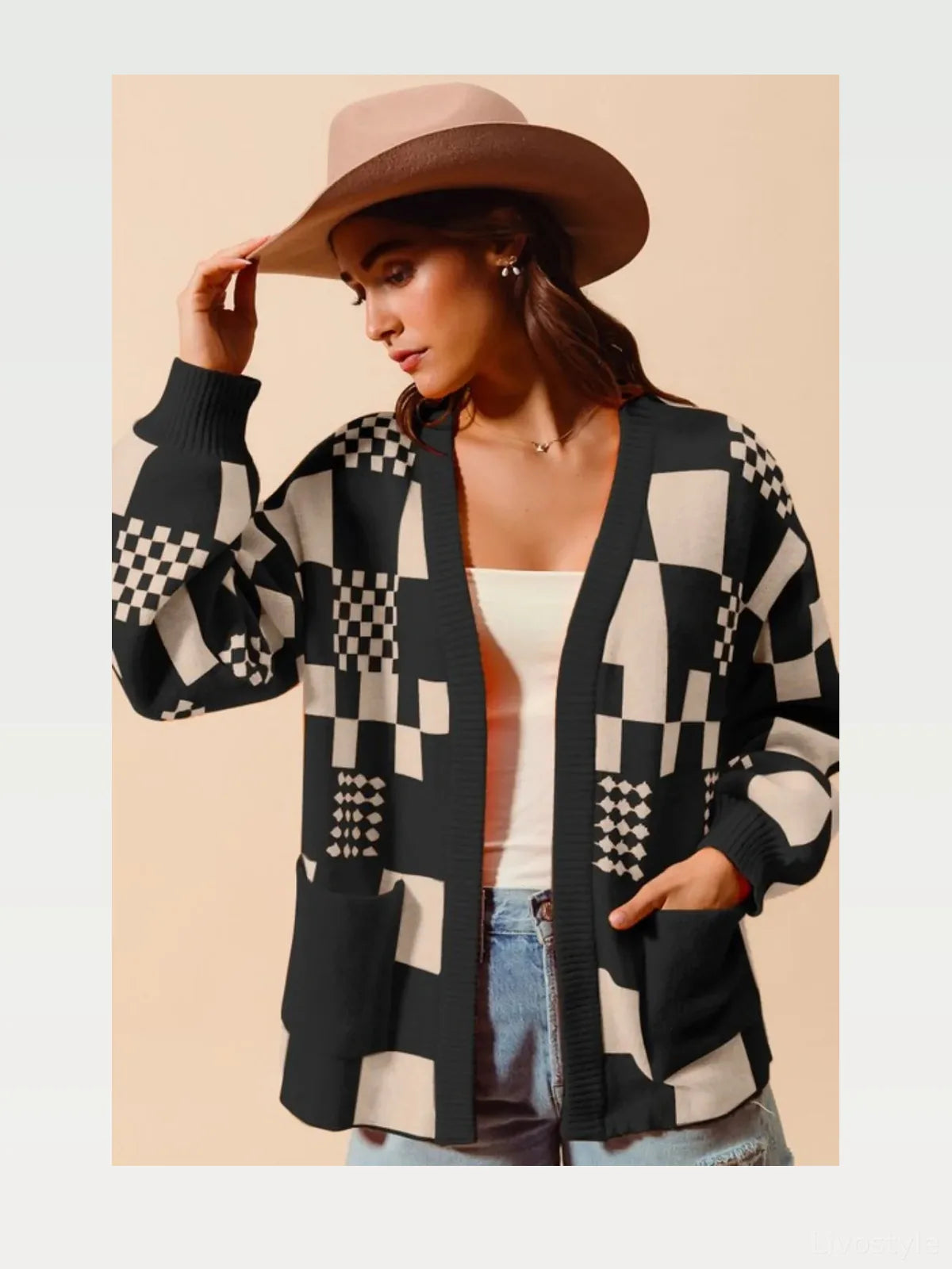 Checkered Open Front Cardigan with Pockets — styled showcase — Livostyle
