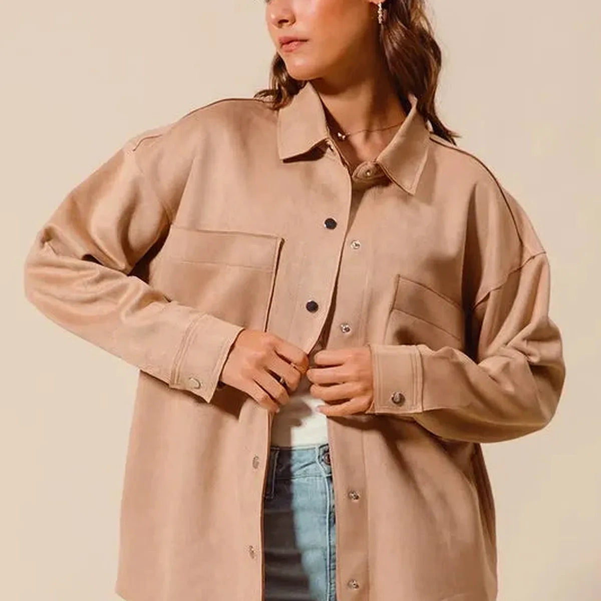 Faux Sued Snap Shacket with Collar and Pockets — square view — Livostyle