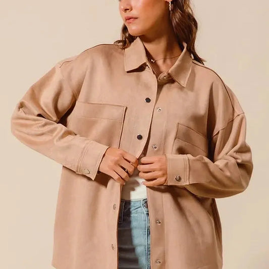 Faux Sued Snap Shacket with Collar and Pockets — square view — Livostyle