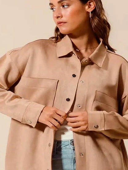 Faux Sued Snap Shacket with Collar and Pockets — detail view — Livostyle