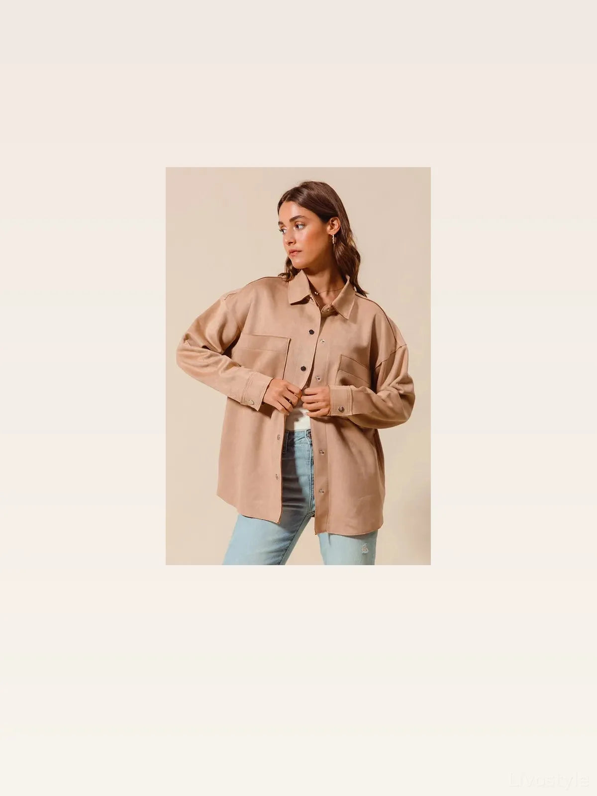 Faux Sued Snap Shacket with Collar and Pockets — styled showcase — Livostyle