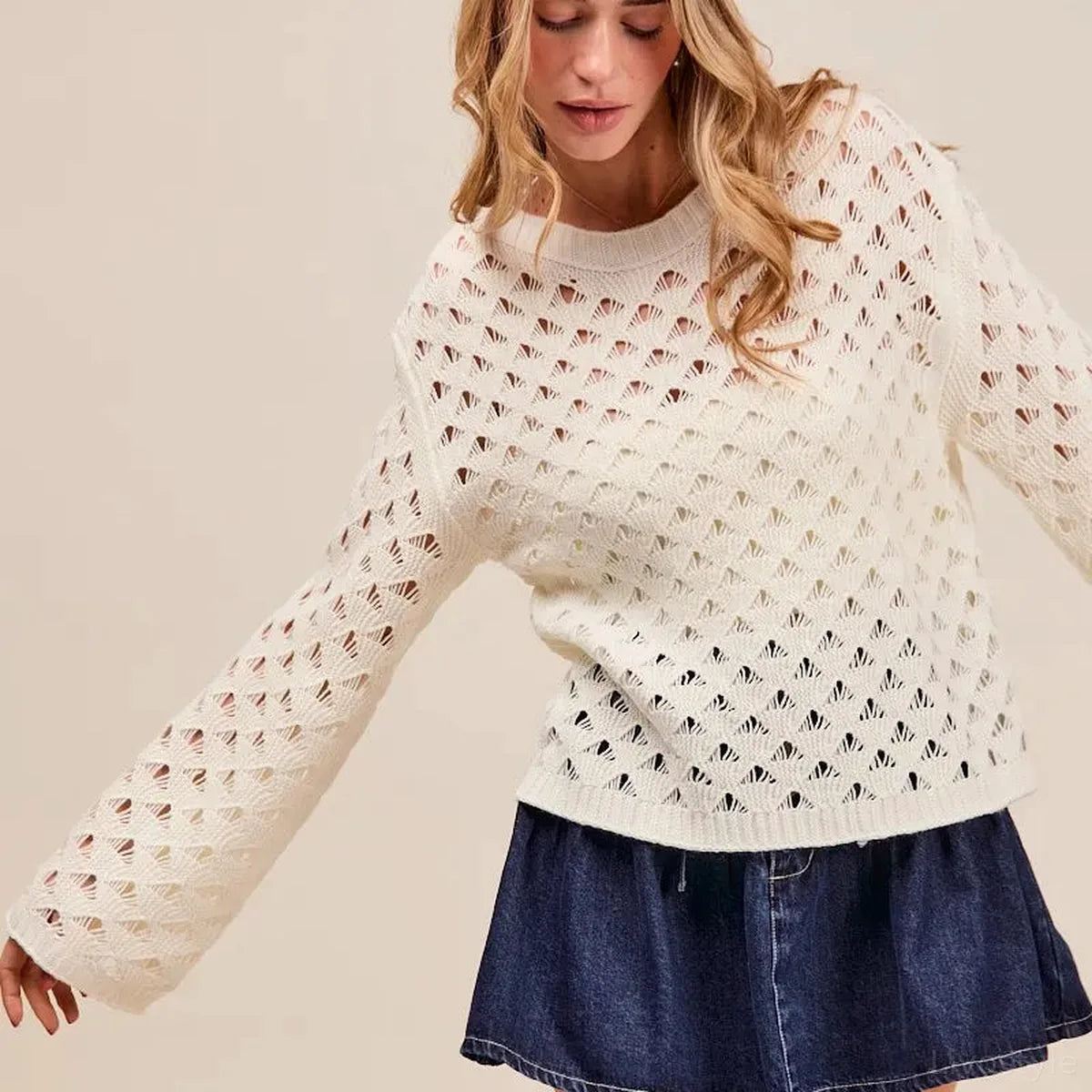 Ivory Geometric Pattern Open Knit Lightweight Sweater — square view — Livostyle