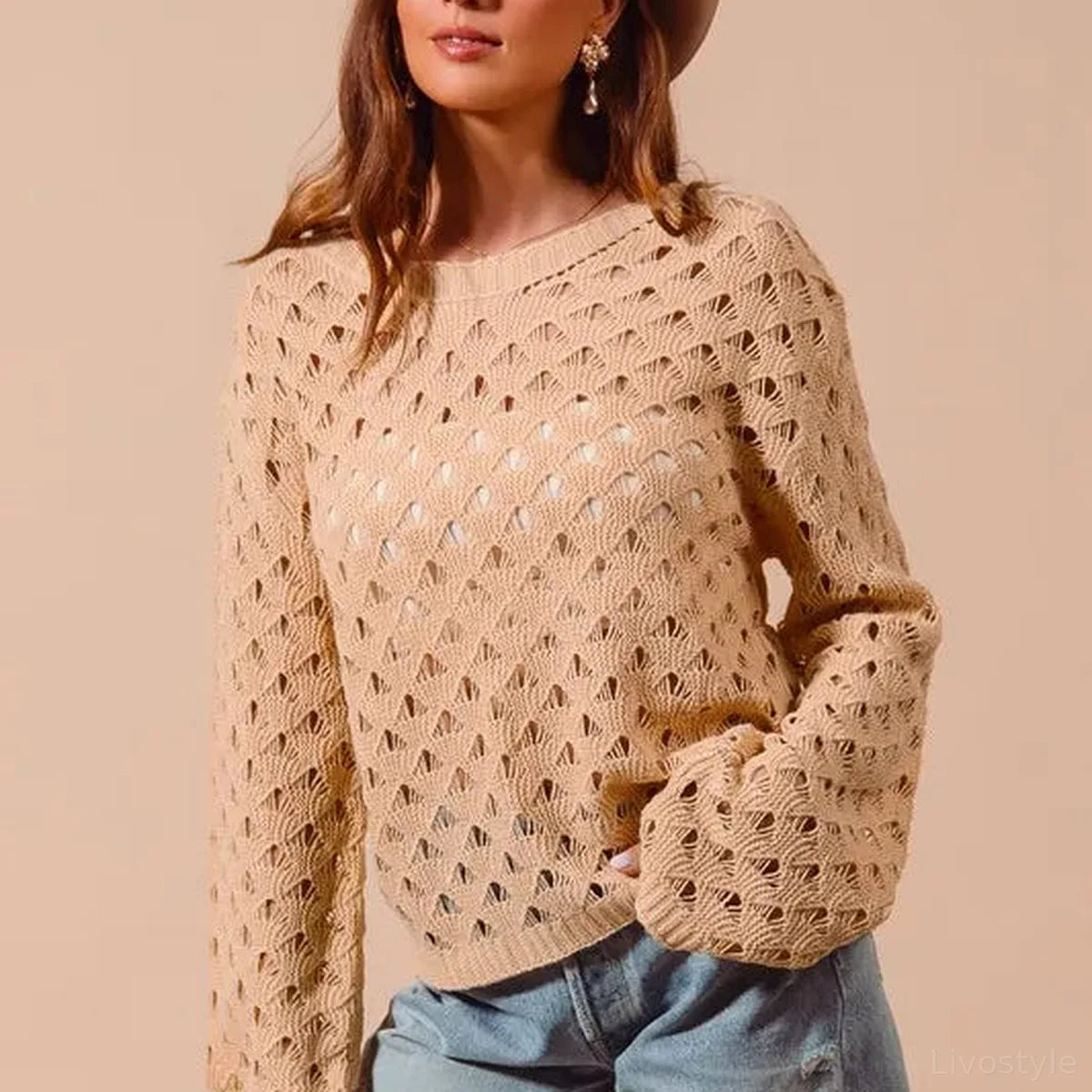 Natural Geometric Pattern Open Knit Lightweight Sweater — square view — Livostyle