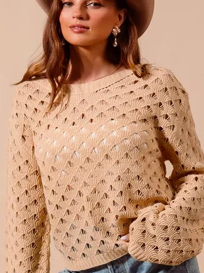 Natural Geometric Pattern Open Knit Lightweight Sweater — detail view — Livostyle