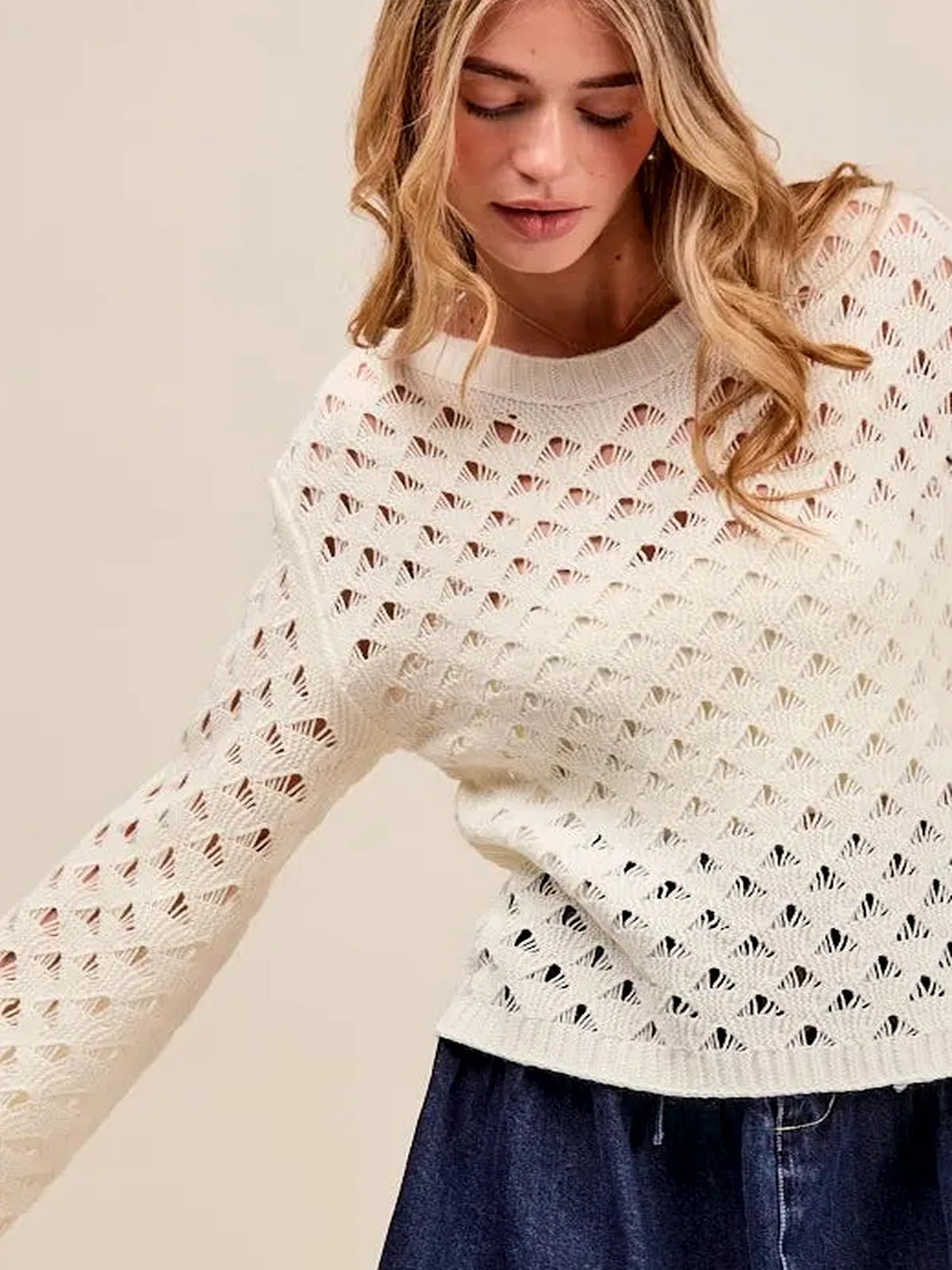 Ivory Geometric Pattern Open Knit Lightweight Sweater — detail view — Livostyle