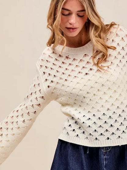 Ivory Geometric Pattern Open Knit Lightweight Sweater — detail view — Livostyle