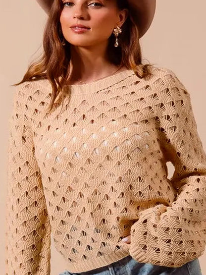 Natural Geometric Pattern Open Knit Lightweight Sweater — detail view — Livostyle