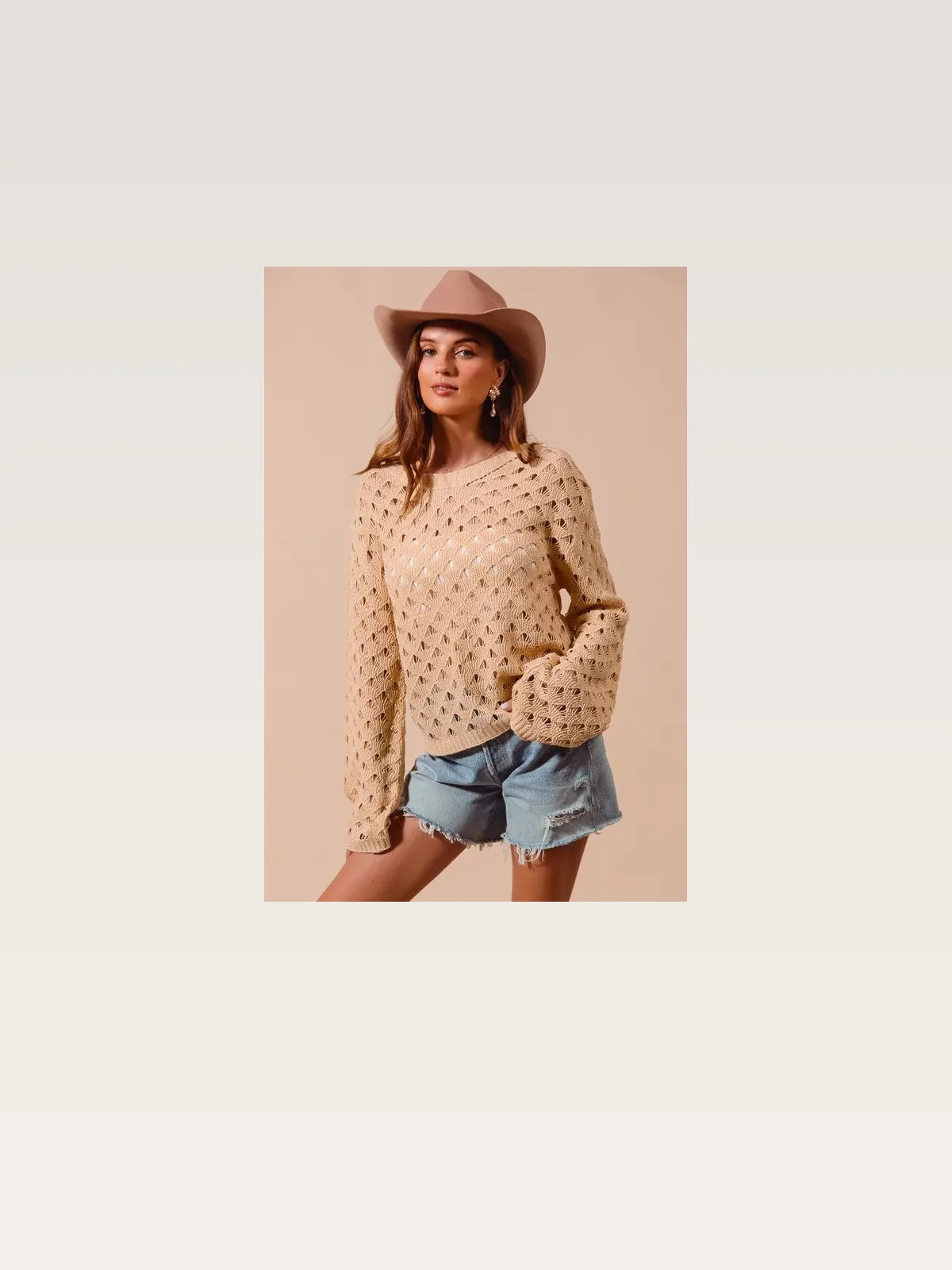 Natural Geometric Pattern Open Knit Lightweight Sweater — styled showcase — Livostyle