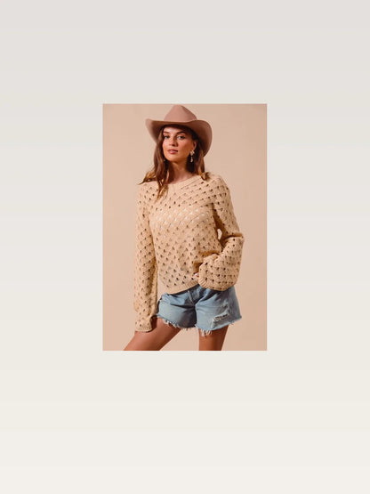 Natural Geometric Pattern Open Knit Lightweight Sweater — styled showcase — Livostyle