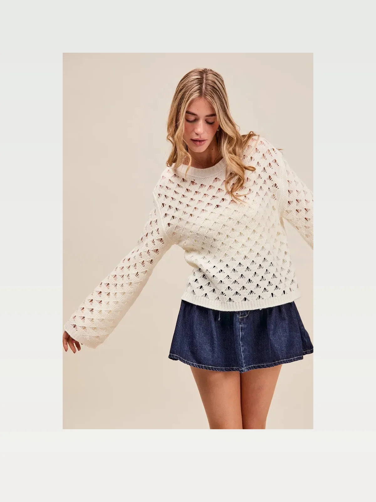 Ivory Geometric Pattern Open Knit Lightweight Sweater — styled showcase — Livostyle