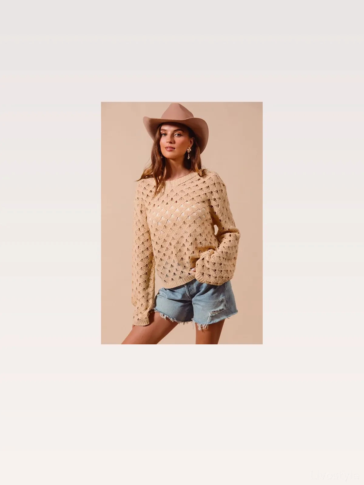 Natural Geometric Pattern Open Knit Lightweight Sweater — styled showcase — Livostyle