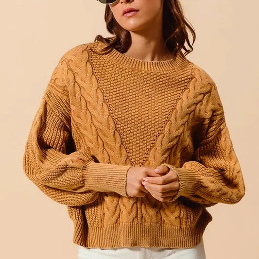 Mineral Washed Loose Fit Textured Cable Sweater — square view — Livostyle