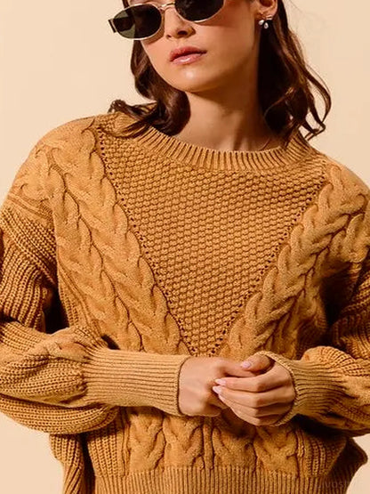 Mineral Washed Loose Fit Textured Cable Sweater — detail view — Livostyle